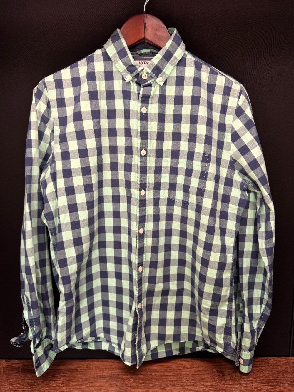 Express Soft Wash Green Blue Gingham Button Down Medium
